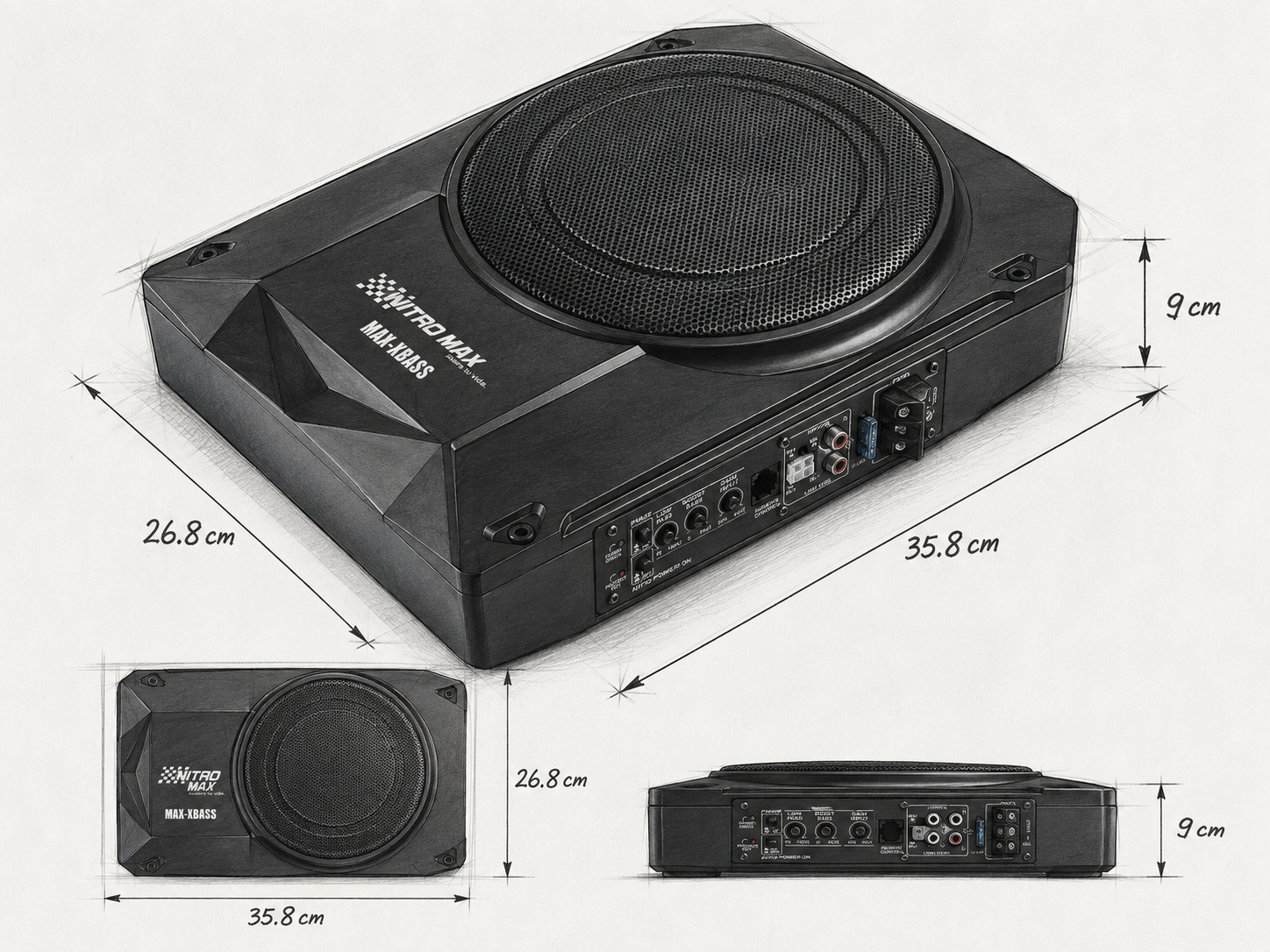 Subwoofer Amplificado Slim 12V | High Performance, Control de Volumen Incluido, Instalación Plug & Play