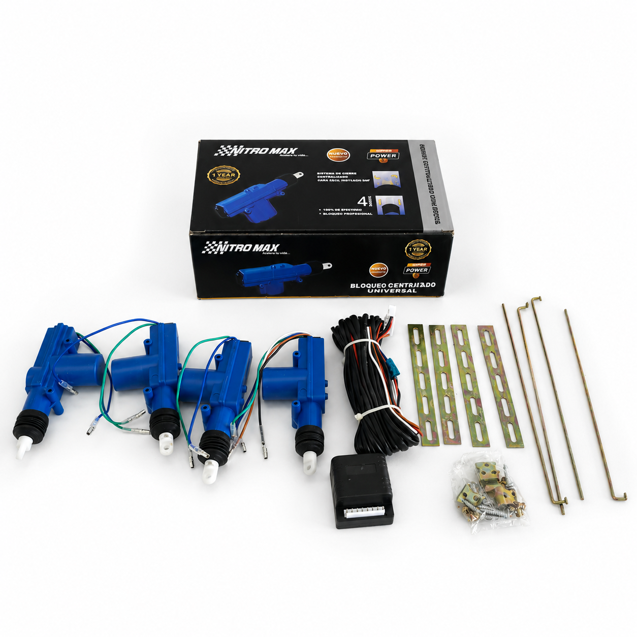 Despiece completo del kit de cierre centralizado Nitromaxx, incluyendo varillas metálicas, soportes, tornillería, cableado completo y módulo principal.