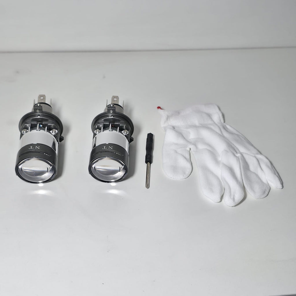 Accesorios completos del kit Bi-LED proyector H4 incluyendo focos, guantes y destornillador de ajuste.
