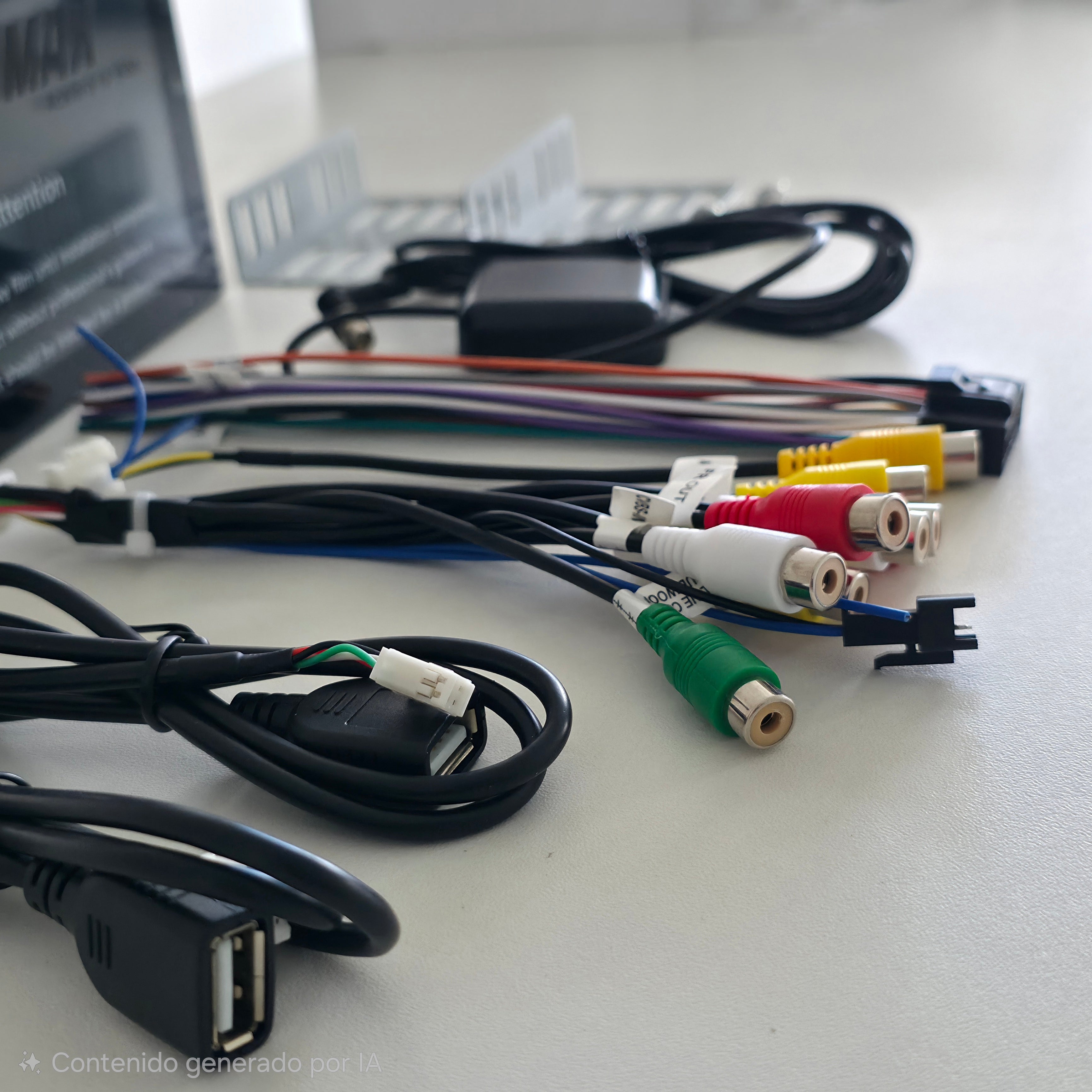 Detalle del kit de instalación incluido con la radio Nitromaxx, mostrando cables de arnés, conectores RCA, cable USB y antena GPS
