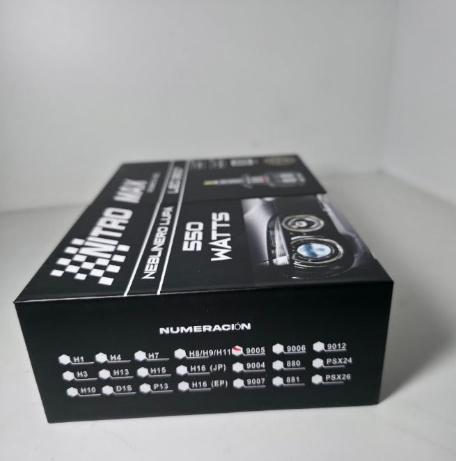 Caja original de presentación del kit Nitro Max H1 con especificaciones.