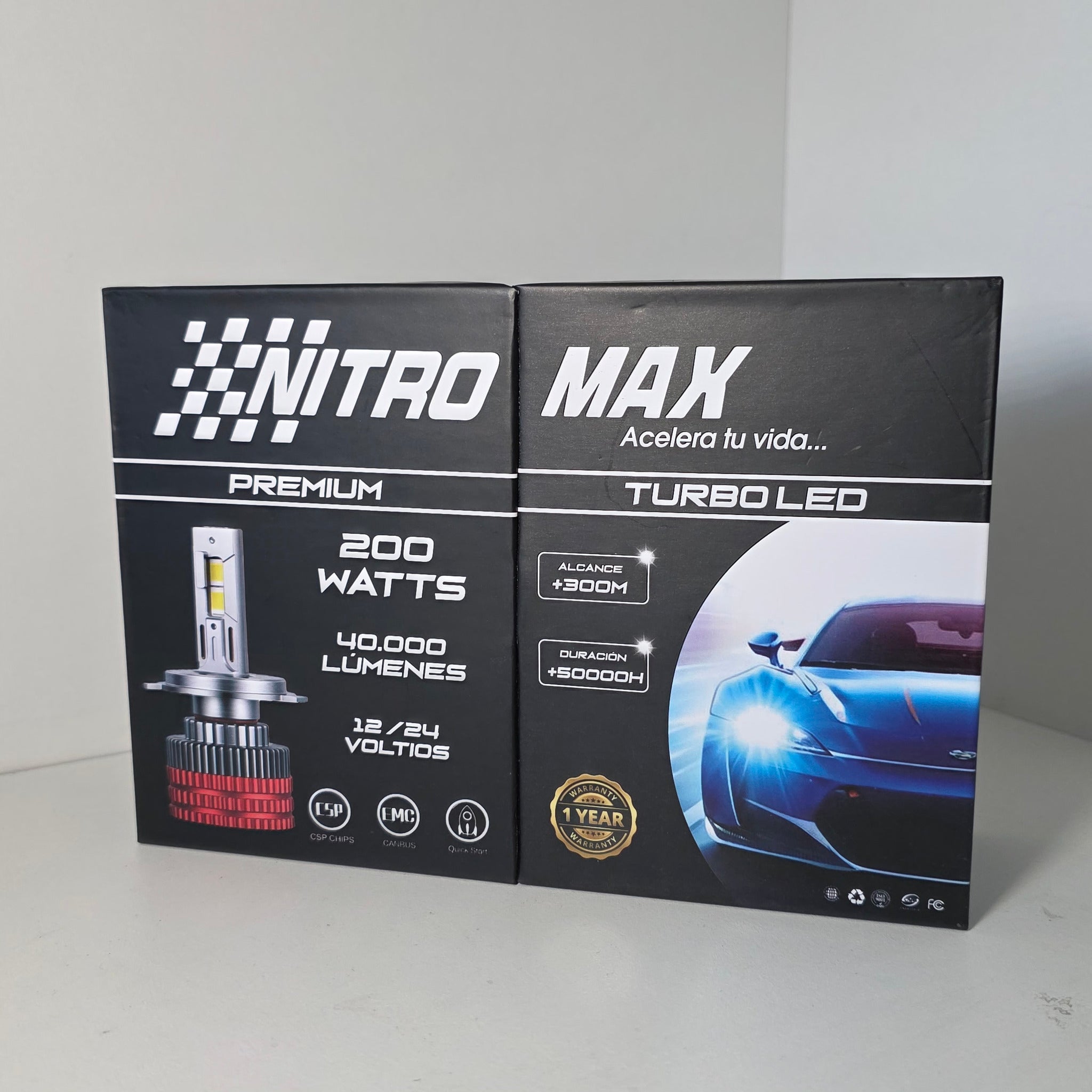 Empaque del kit de focos LED Nitro Max H13 200W.