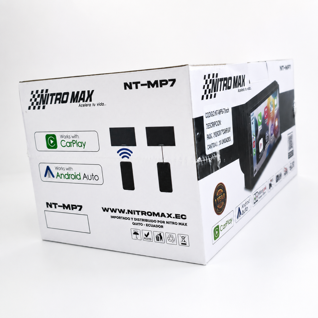Caja de empaque comercial de la radio Nitromaxx NT-MP7, destacando los logotipos de compatibilidad con Apple CarPlay y Android Auto.