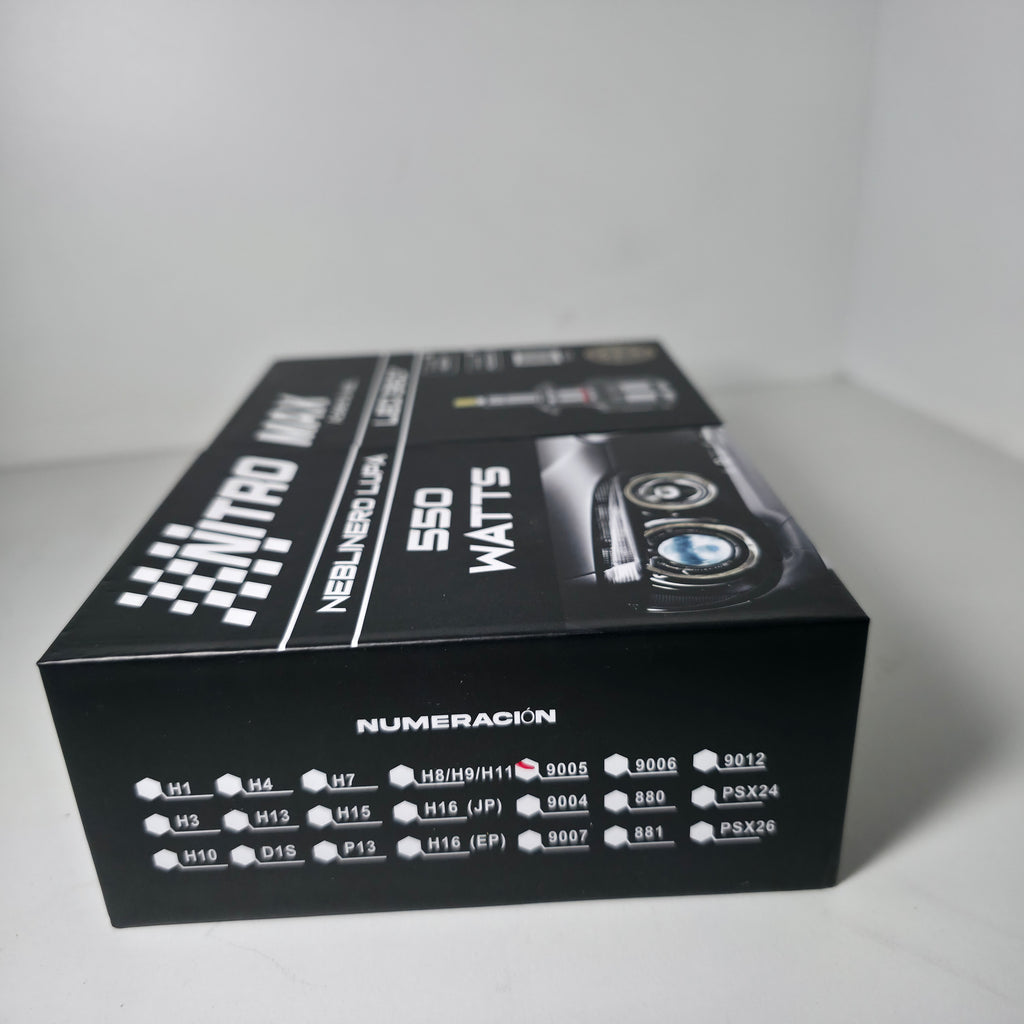 Empaque oficial Nitro Max del kit LED 360 de 550W mostrando sus certificaciones y compatibilidad para instalación profesional.