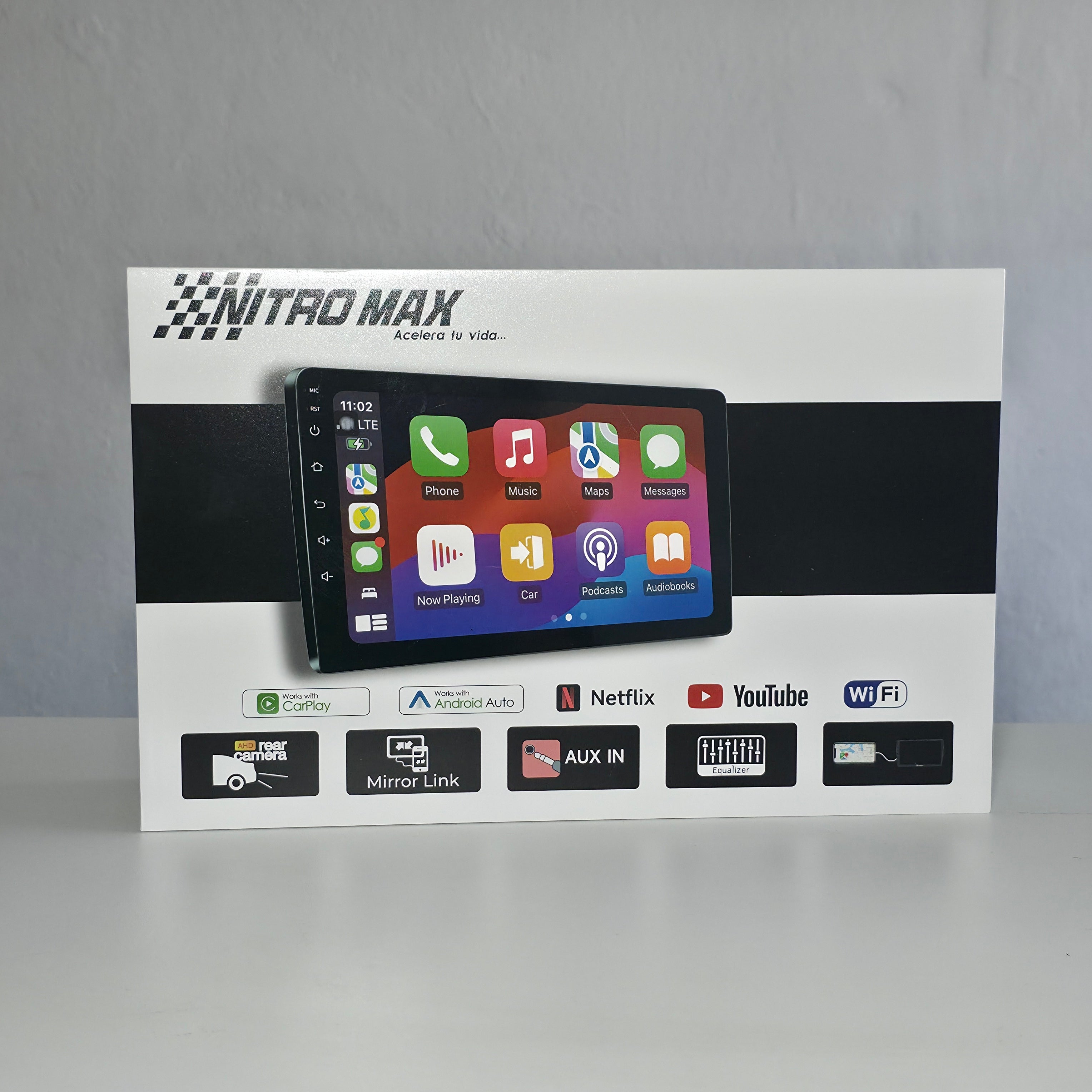 Vista frontal de la caja de empaque de la radio Nitro Max INCELL, mostrando la compatibilidad con aplicaciones de Android como YouTube, Spotify y Waze.