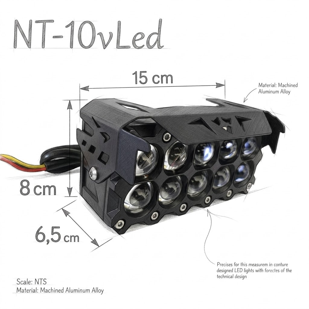 Esquema de dimensiones y medidas del faro LED Nitro Max de 10 lupas.