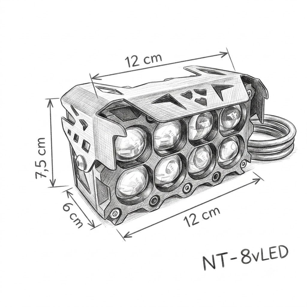 Esquema de dimensiones y medidas del faro LED Nitro Max de 8 lupas.
