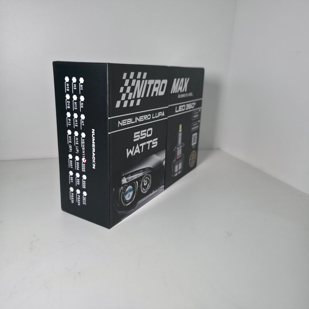 Vista lateral de la caja de focos LED 360 Nitro Max indicando su potencia de 550 watts y tecnología de disipación.