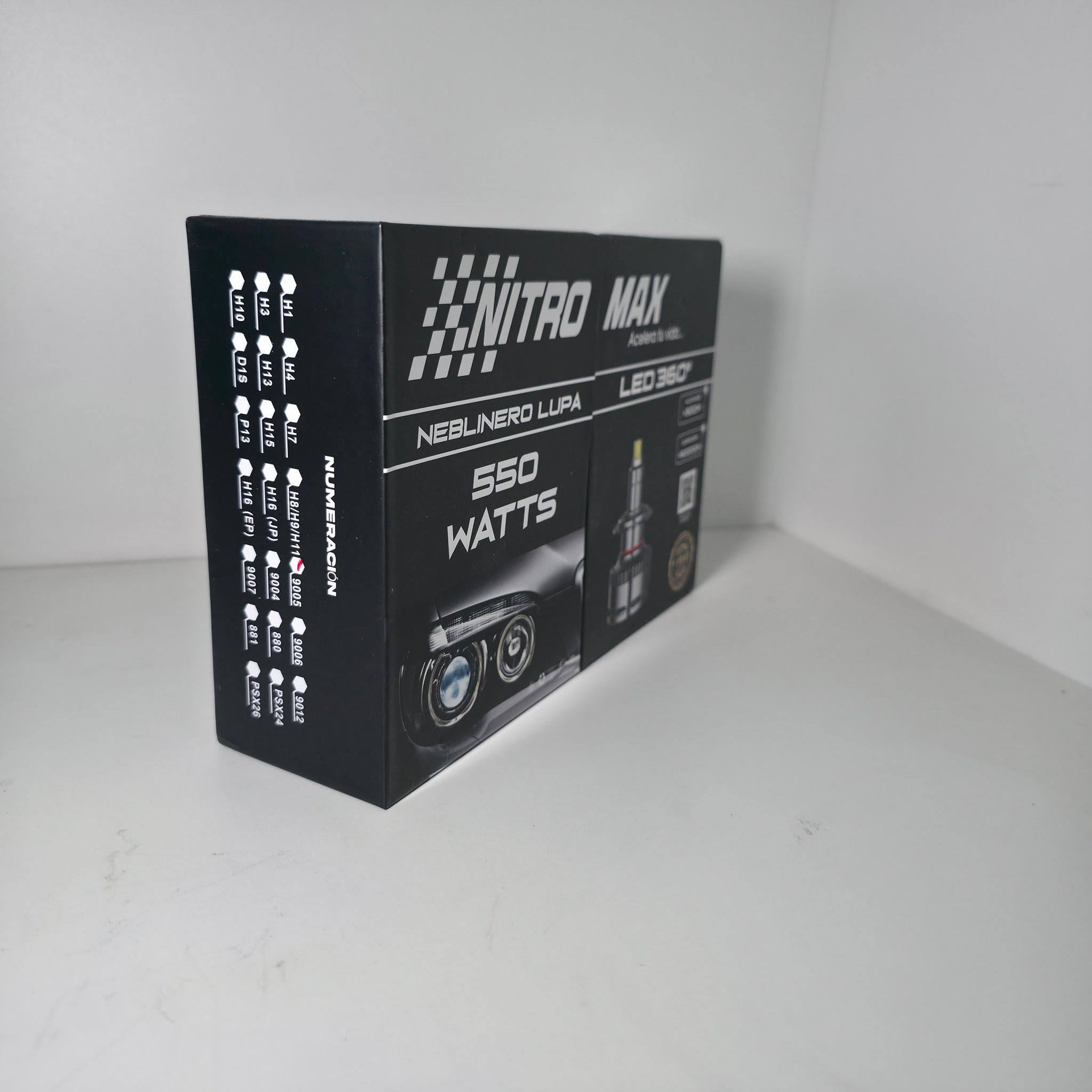 Vista lateral de la caja de focos LED 360 Nitro Max indicando su potencia de 550 watts y tecnología de disipación.