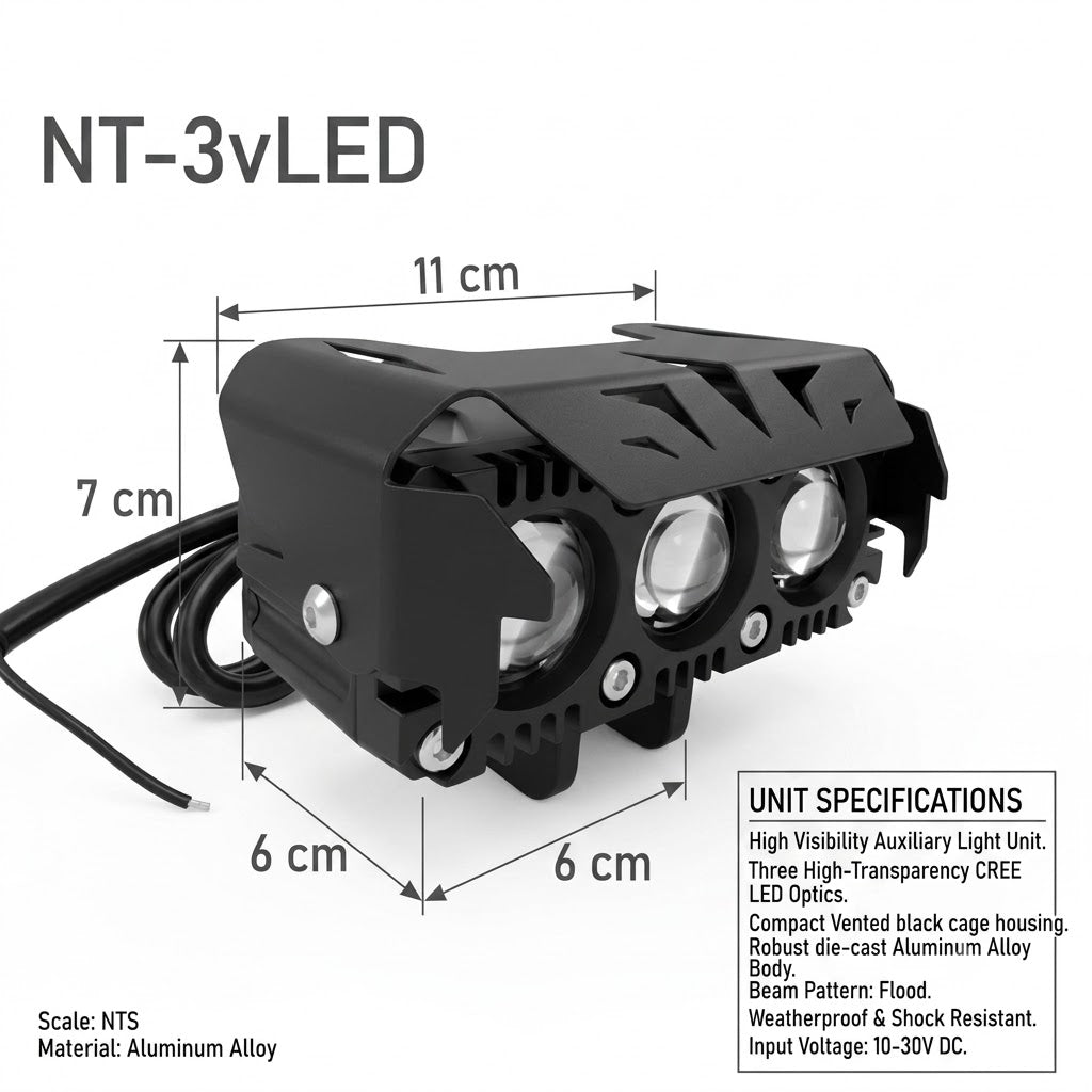 Esquema de medidas del faro LED compacto de 3 lupas Nitro Max.