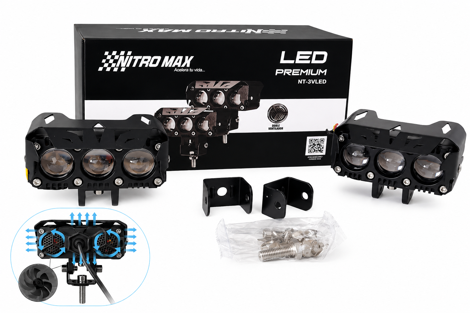 Faro neblinero LED Nitro Max NT-3VLED de 3 lupas para vehículos.