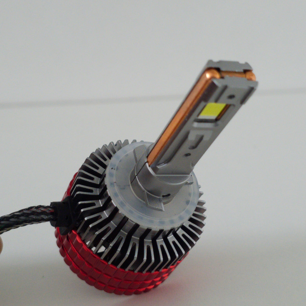 Detalle del foco LED H27 Nitro Max con disipador de calor color rojo.