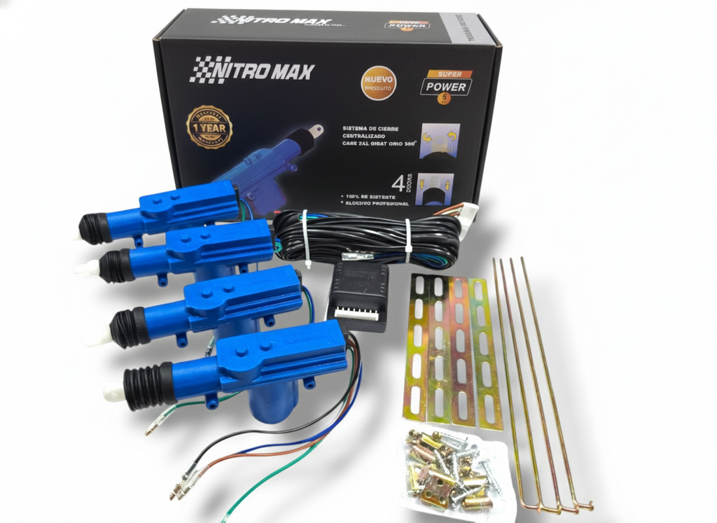 Vista principal del kit de cierre centralizado Nitromaxx Super Power para 4 puertas, mostrando los 4 actuadores, módulo de control, herrajes y caja original.