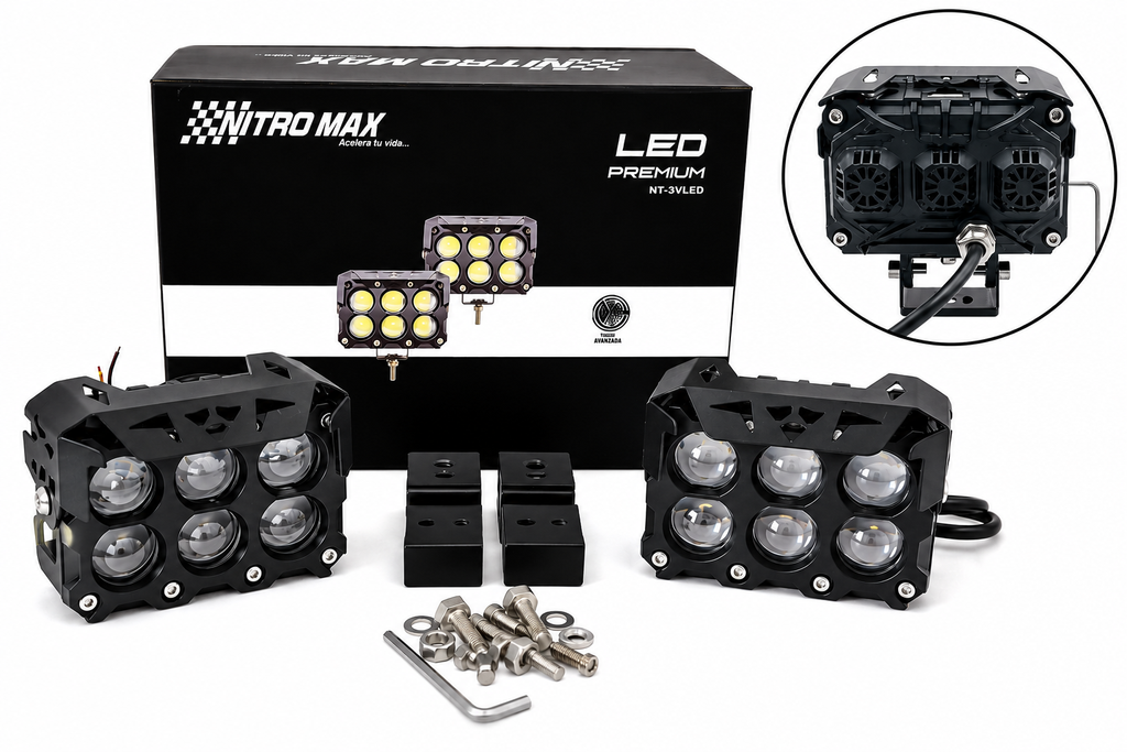 Kit completo de faro neblinero LED Nitro Max de 6 lupas con caja, bases y tornillería.
