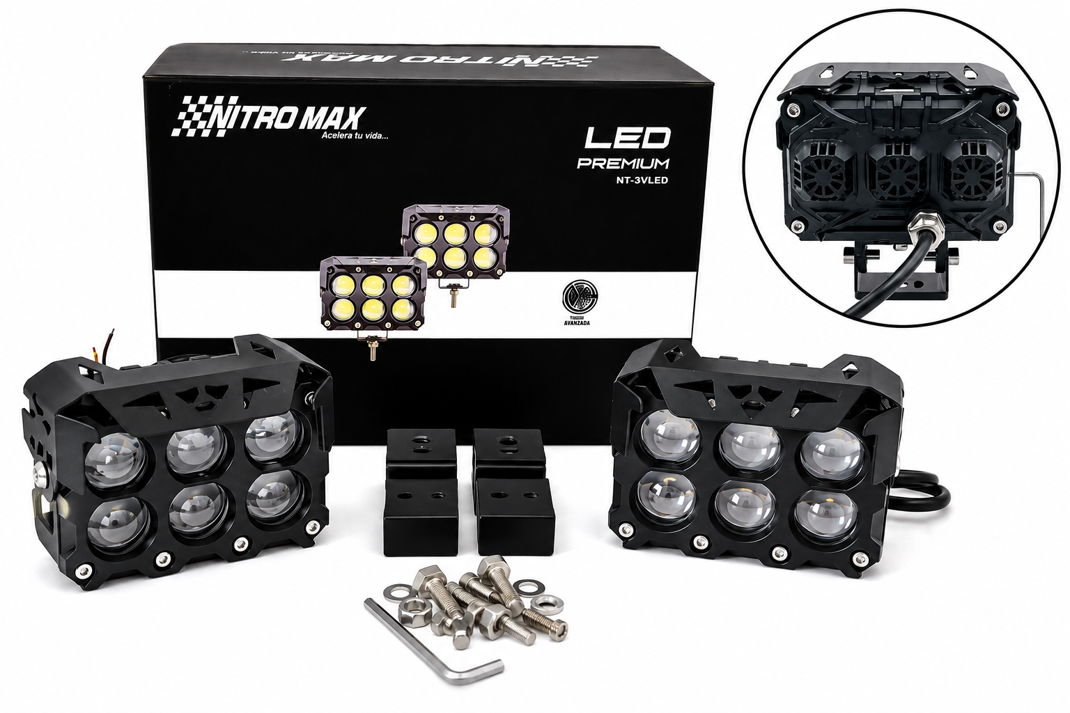Kit completo de faro neblinero LED Nitro Max de 6 lupas con caja, bases y tornillería.