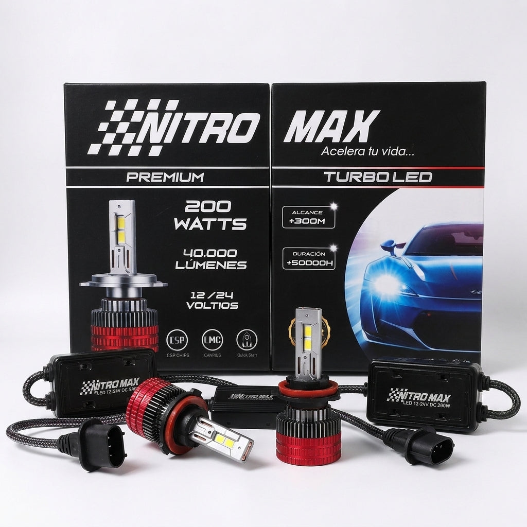 Kit de focos LED H13/9008 Nitro Max Premium con balastros y caja.