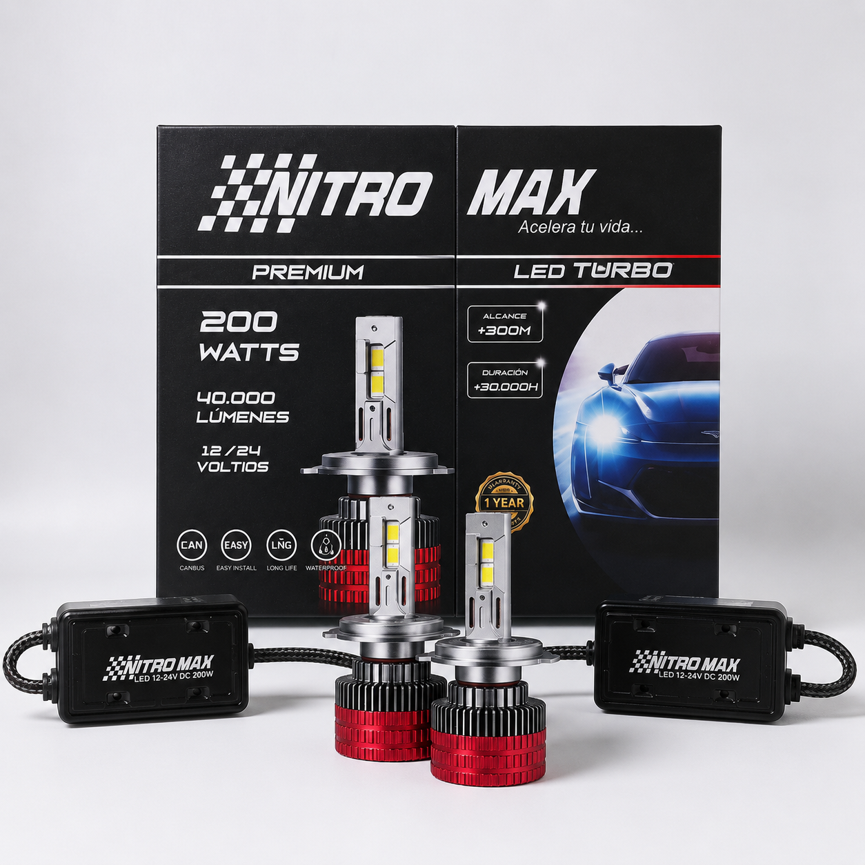 Kit de focos LED H7 Nitro Max Premium con balastros y caja original.