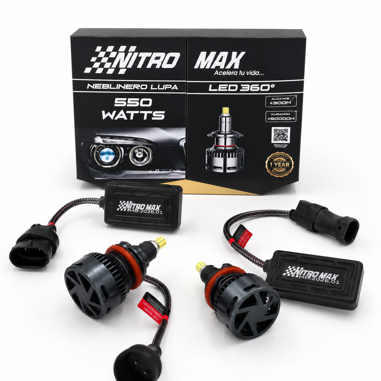 Kit de focos LED H8, H9 y H11 Nitro Max 360 grados, 550W con balastros externos.