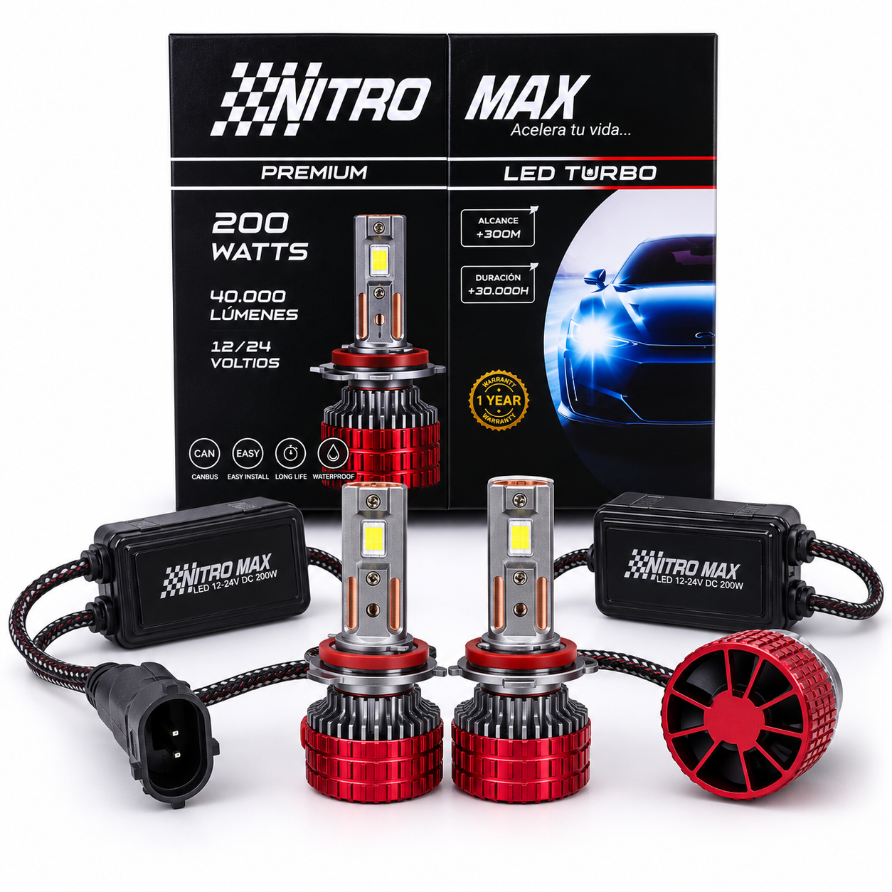 Kit de focos LED H8, H9 y H11 Nitro Max Premium con balastros y caja.