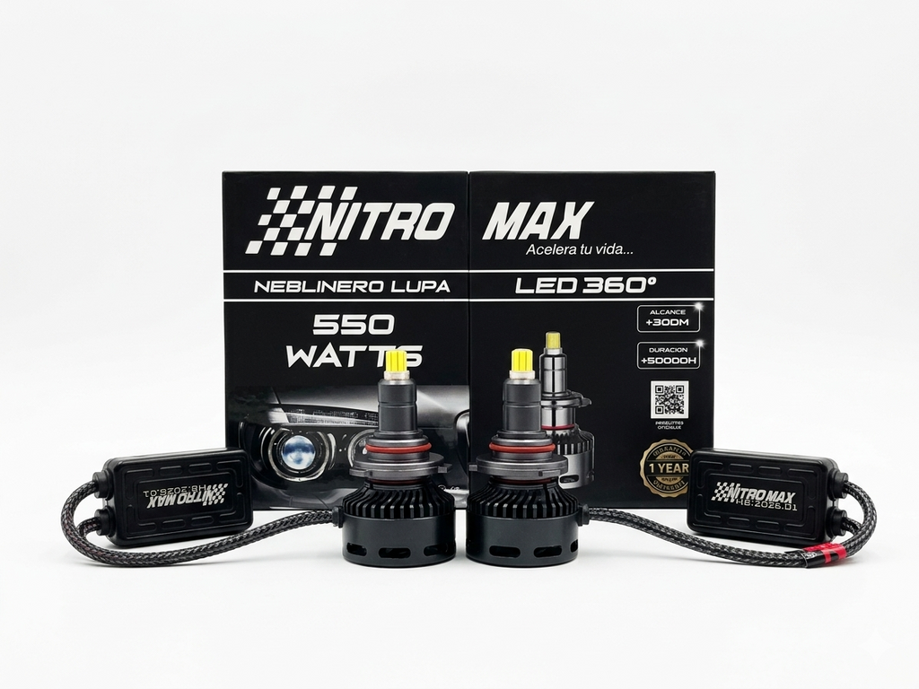 Kit de focos neblineros LED 360 Nitro Max de 550W con módulos Canbus y caja de presentación original.