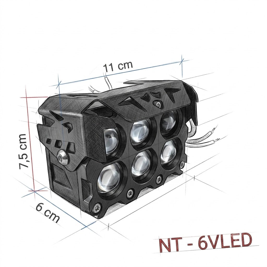 Esquema de dimensiones del faro neblinero LED ultracompacto de 6 lupas Nitro Max.