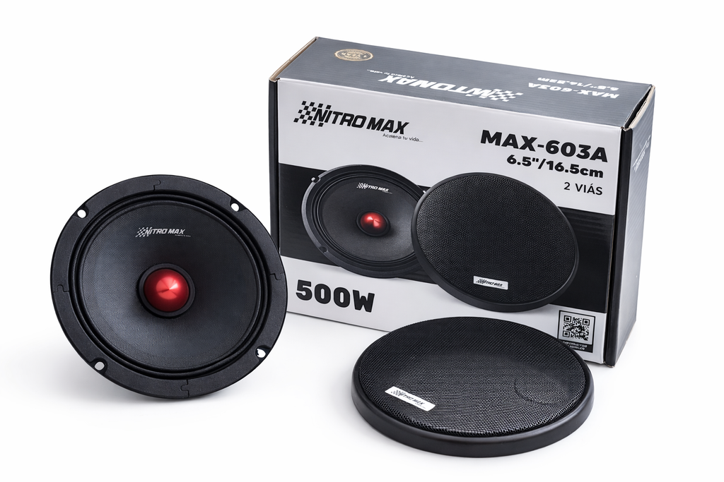 Kit completo de parlantes medios Nitro Max 6.5 pulgadas 500W con caja y rejillas protectoras.