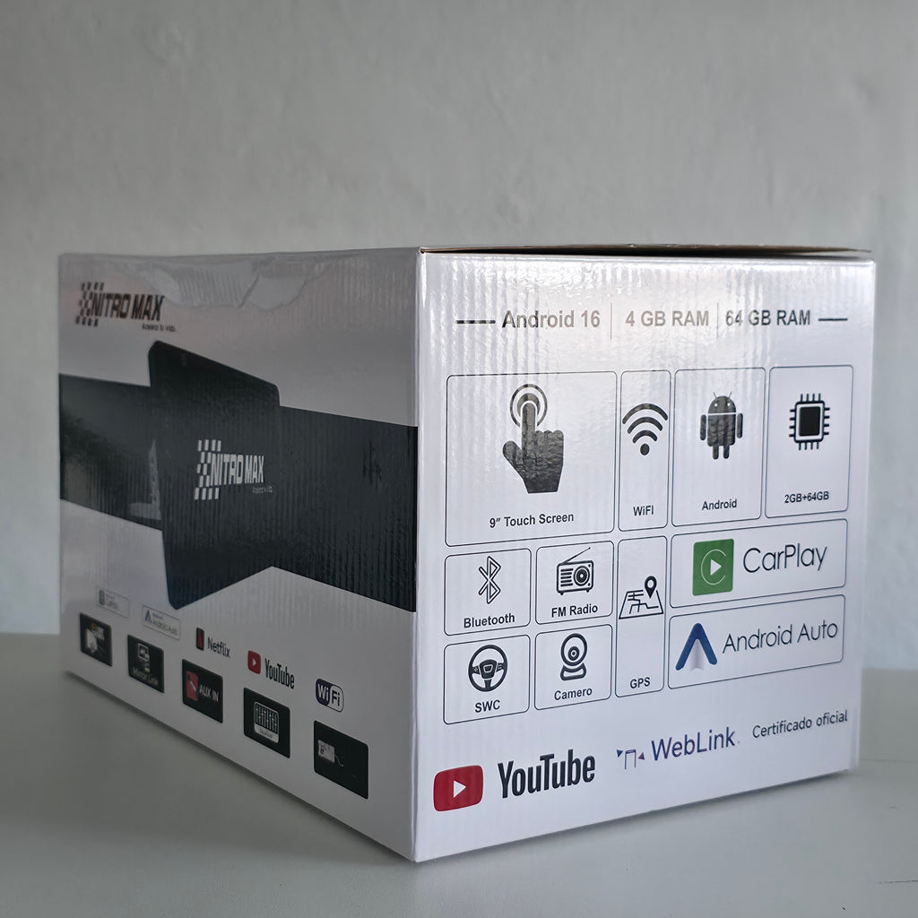 Caja de empaque original de la radio Nitro Max de 9 pulgadas 1 DIN con iconos de características técnicas.