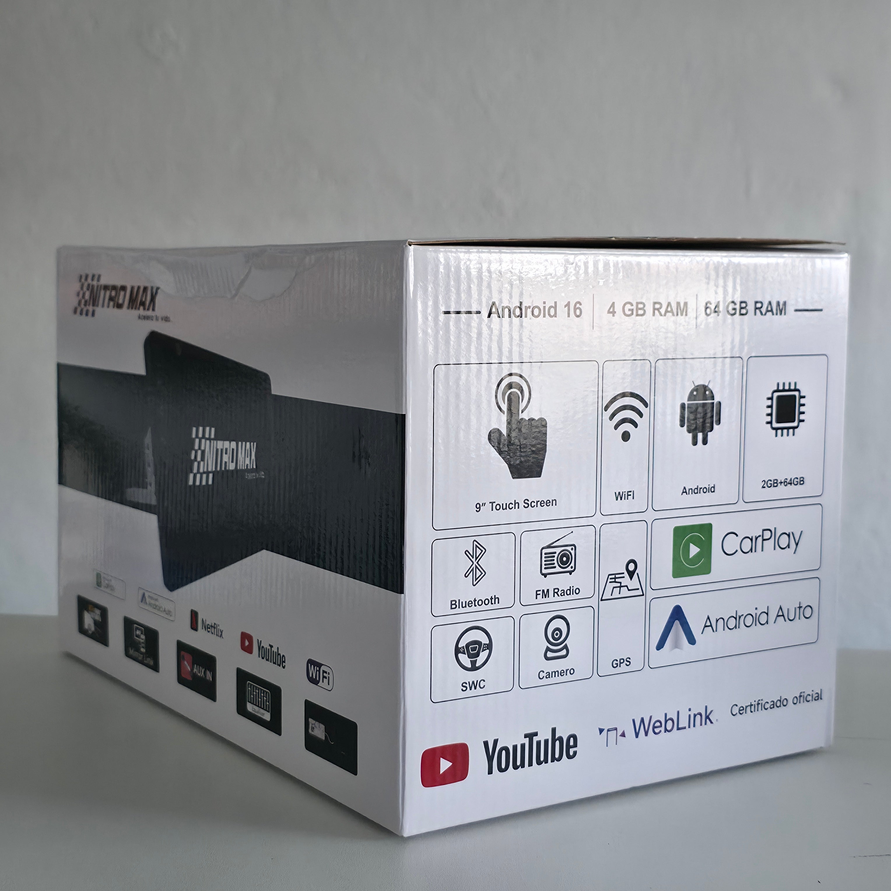 Caja de empaque original de la radio Nitro Max de 9 pulgadas 1 DIN con iconos de características técnicas.