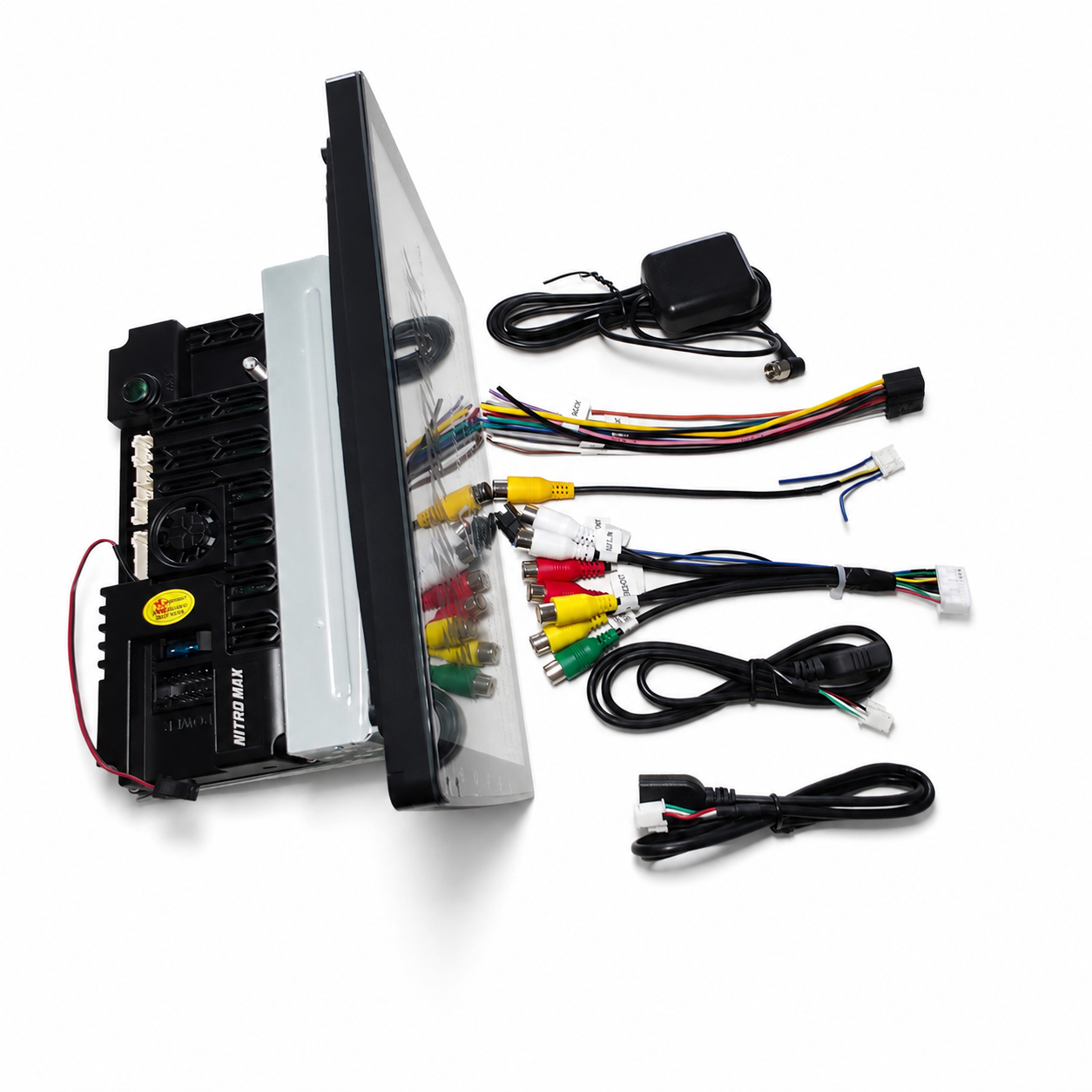 Vista alternativa de la radio Nitro Max 9 pulgadas 1 DIN y sus cables de conexión y antena extendidos.